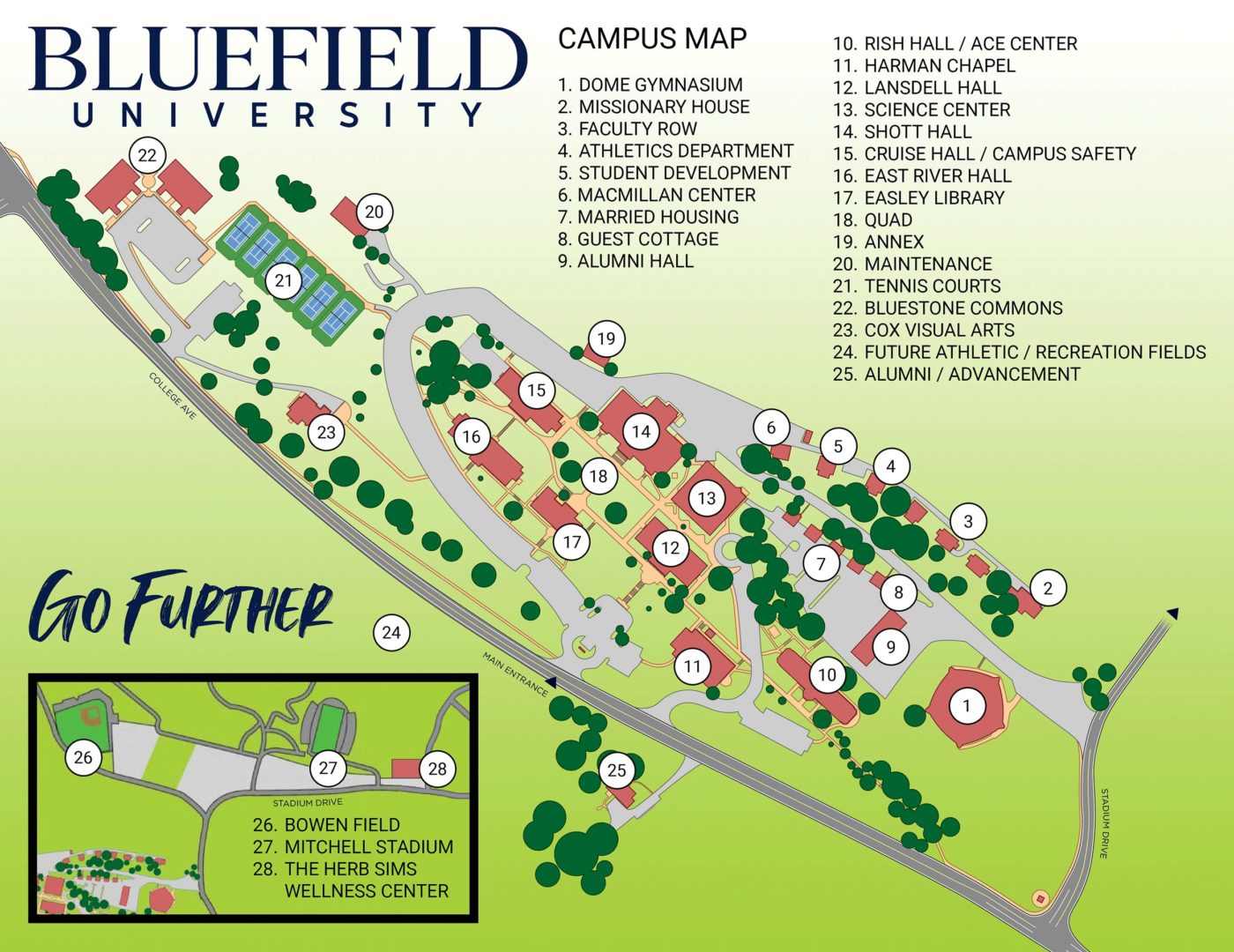 Bluefield University campus map. For more information on navigating campus, please reach out to campus safety. Phone: 304.887.1795.