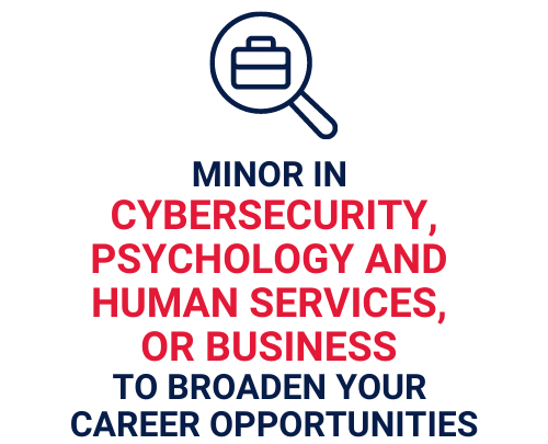 Minor in Cybersecurity, Psychology and Human Services, or Business to broaden your career opportunities.