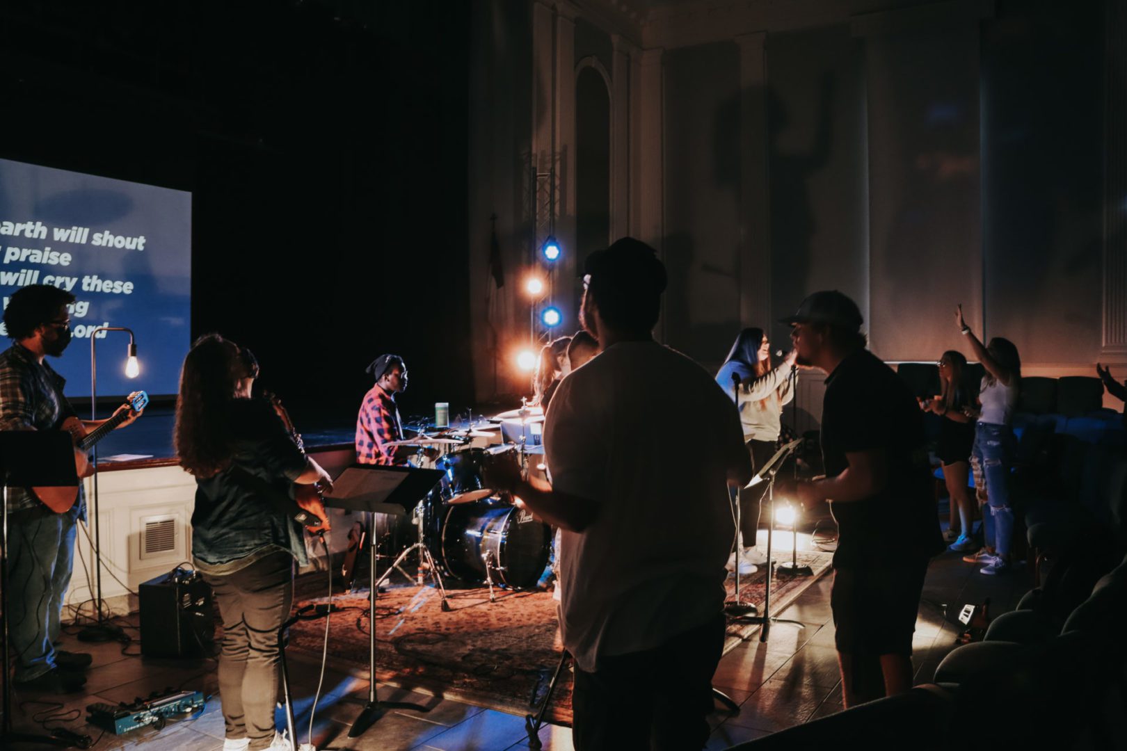 The Bluefield University Student Ministries worship band performing at a weekly service.