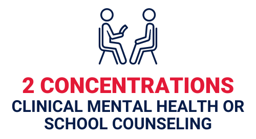 Two concentrations available in clinical mental health or school counseling.