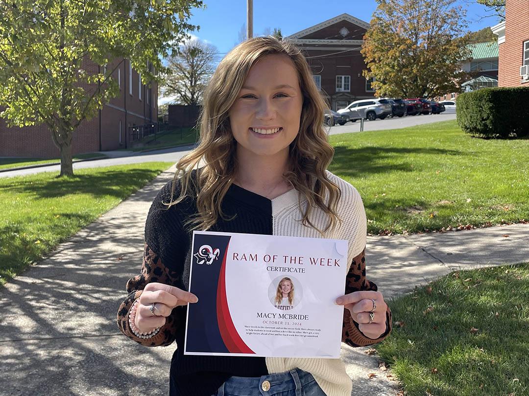 Macy McBride receives a Ram of the Week certificate