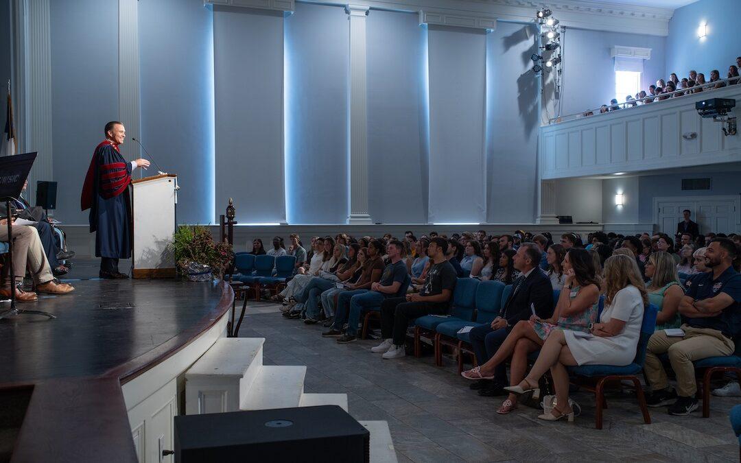 President Dr. Steve Peterson speaks to the campus community in the chapel.