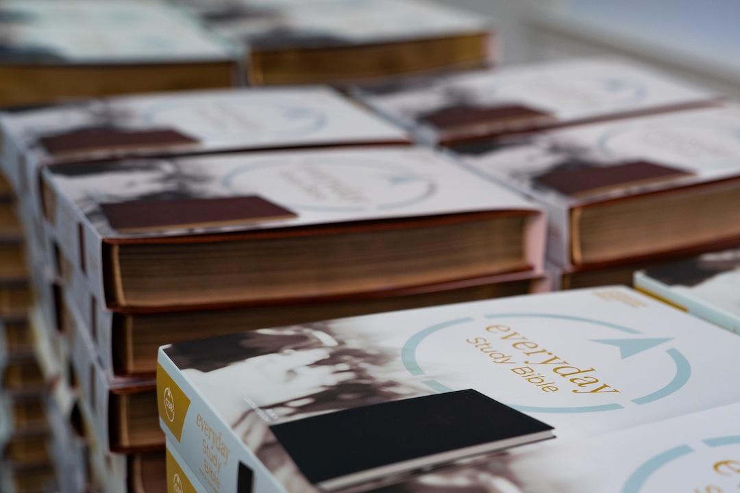 Stacks of new Bibles.