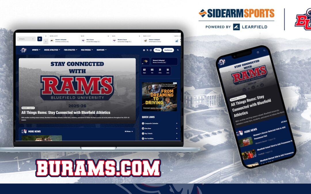 A laptop and a smartphone accessing the redesigned Bluefield University Athletics website.