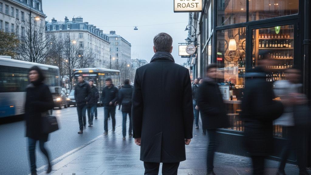 Man standing on the sidewalk of a crowded street.