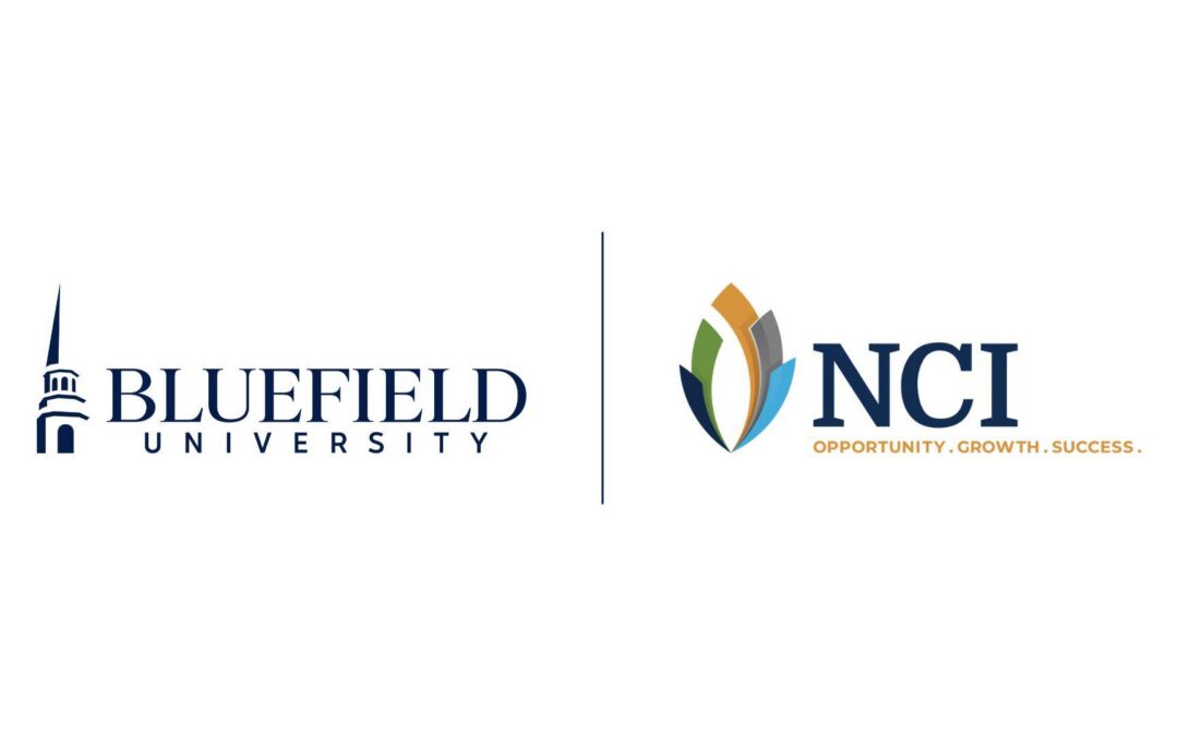 A graphic of the Bluefield University and New College Institute logos. The NCI logo features the tagline, "Opportunity. Growth. Success".