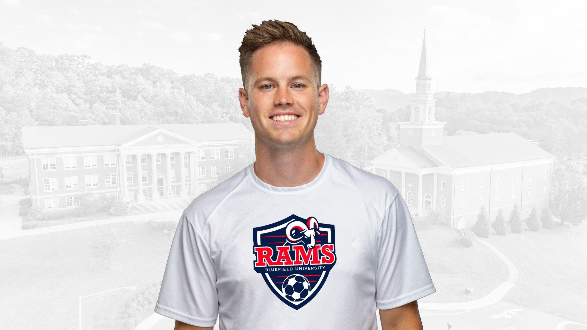 A headshot of Ryan McCarty with a grayscale image of campus as the background.