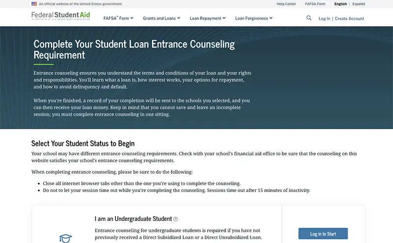 Student Aid Site Screenshot