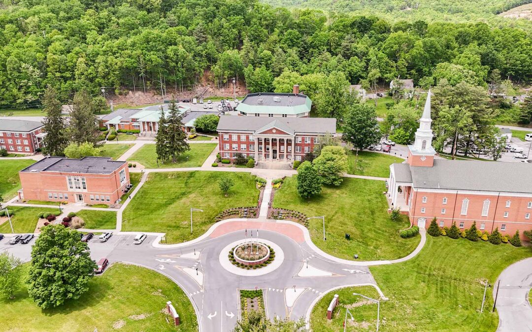 An aerial view of campus centered on Lansdell Hall.