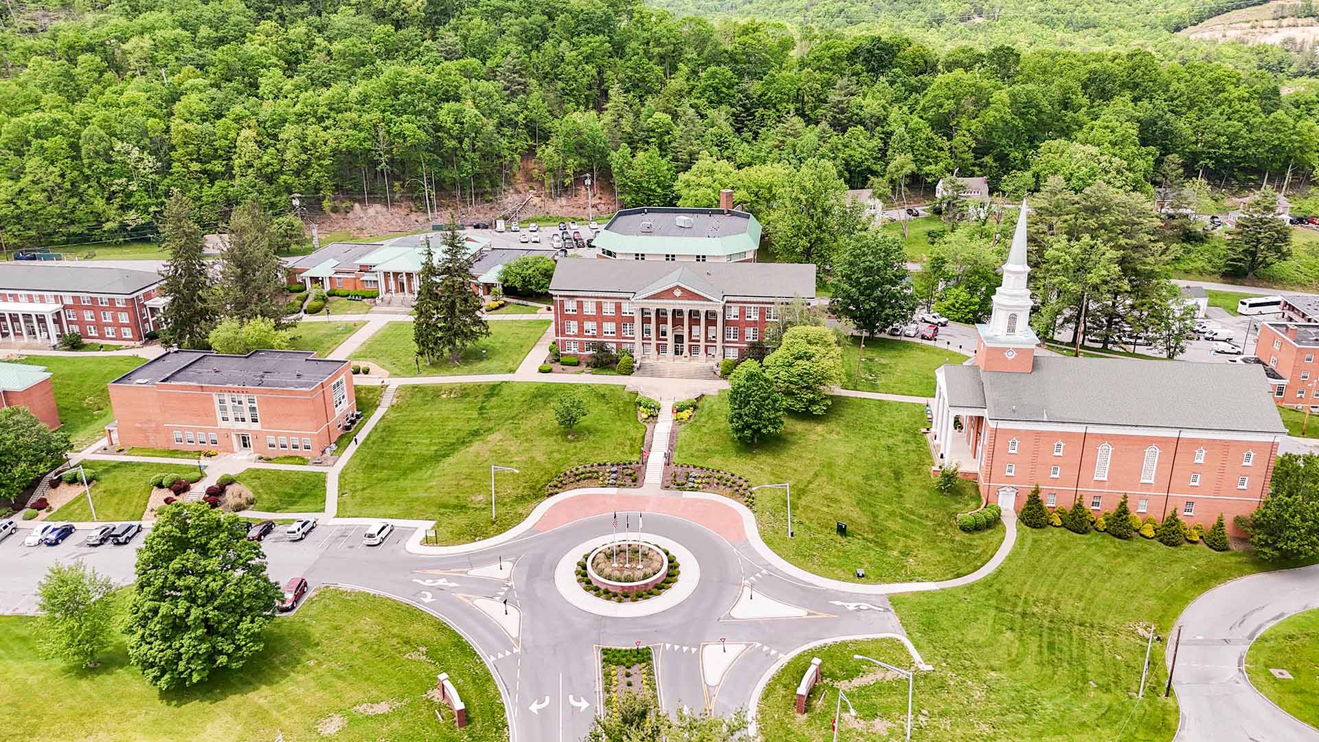 An aerial view of campus centered on Lansdell Hall.