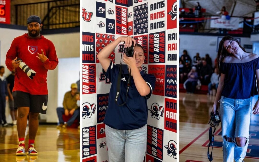 A male student and two female students with cameras.