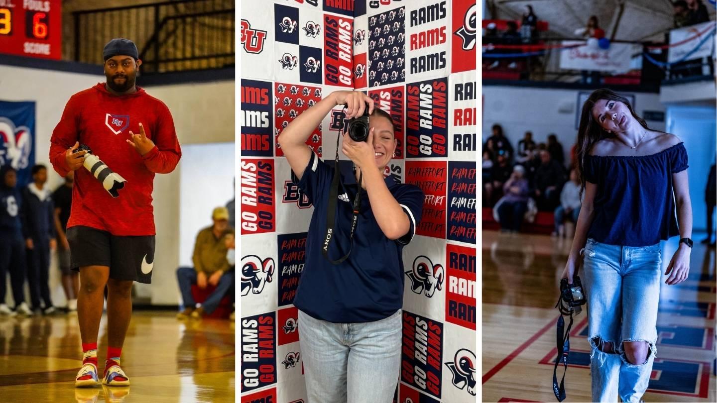 A male student and two female students with cameras.