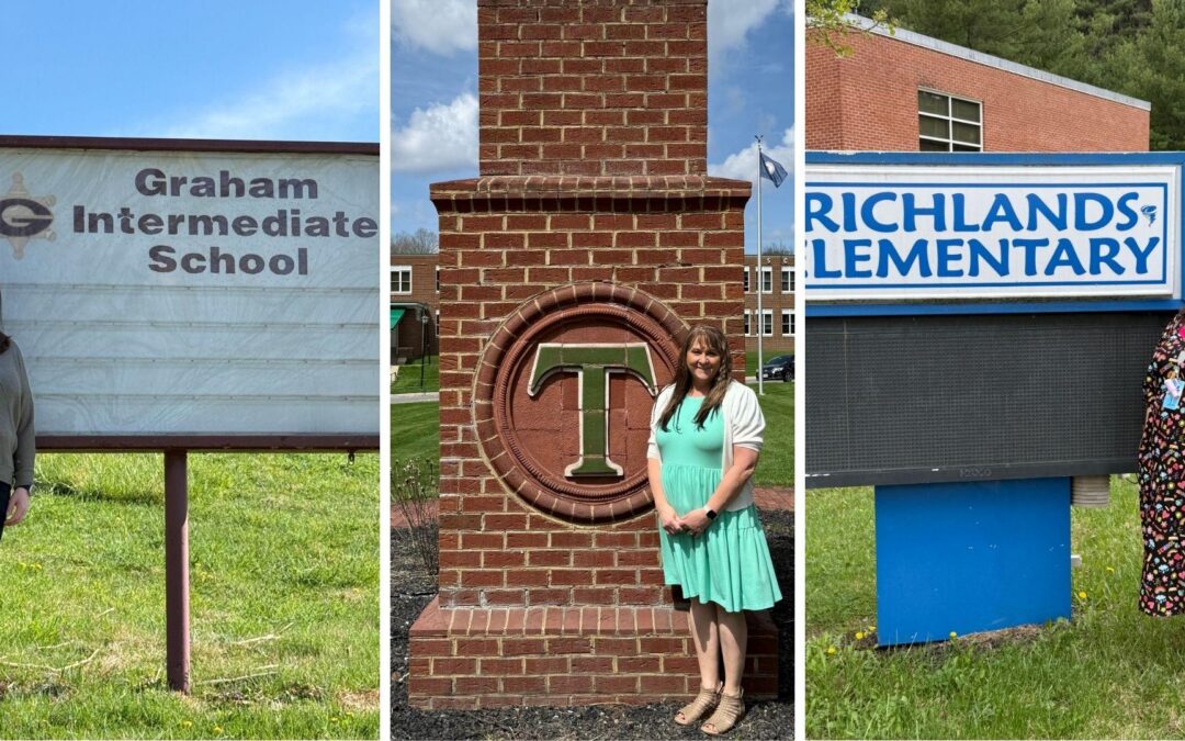 A collage of teacher apprentices with school signs.