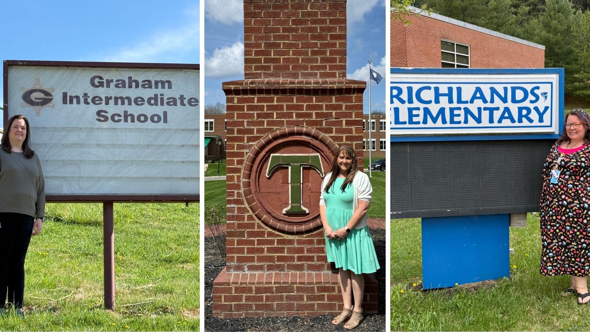 A collage of teacher apprentices with school signs.