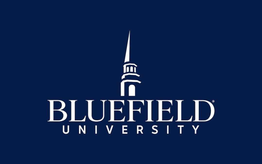 A white Bluefield University logo on a navy background.