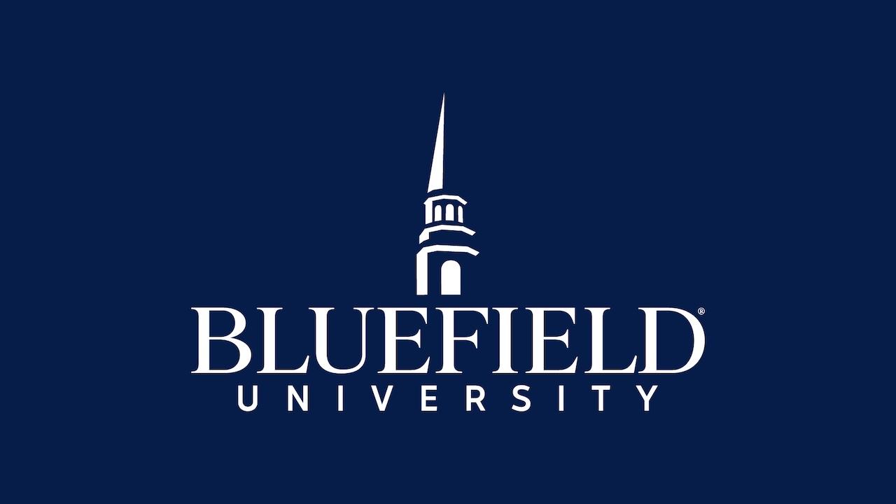 A white Bluefield University logo on a navy background.
