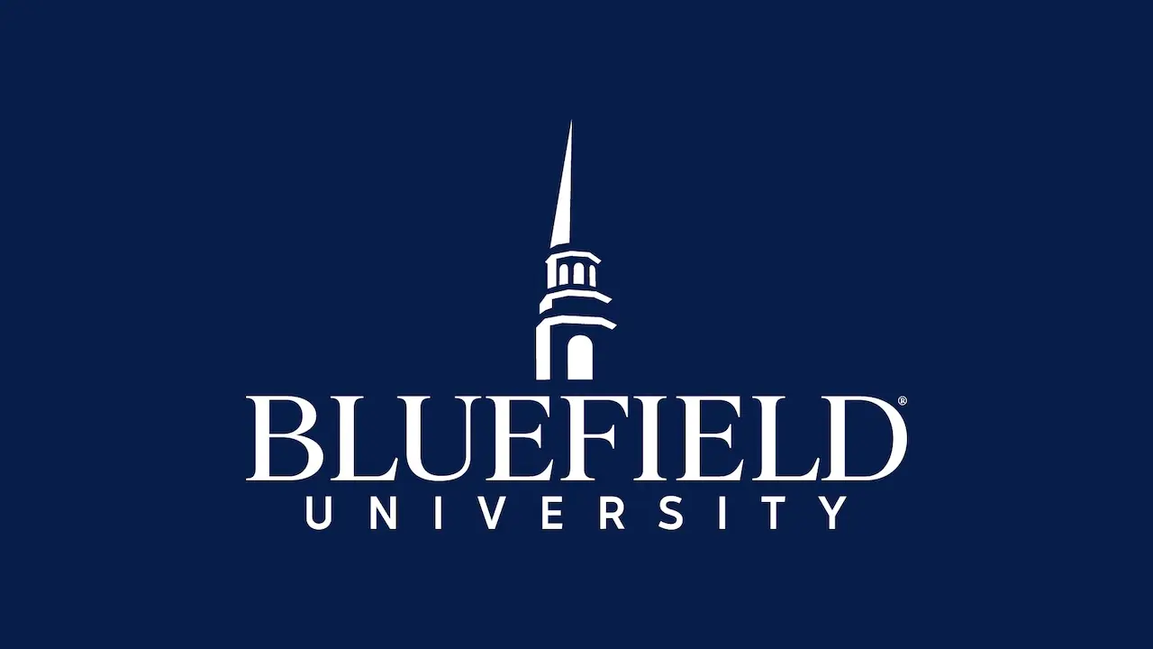 Bluefield University White Logo on Navy A white Bluefield University logo on a navy background.