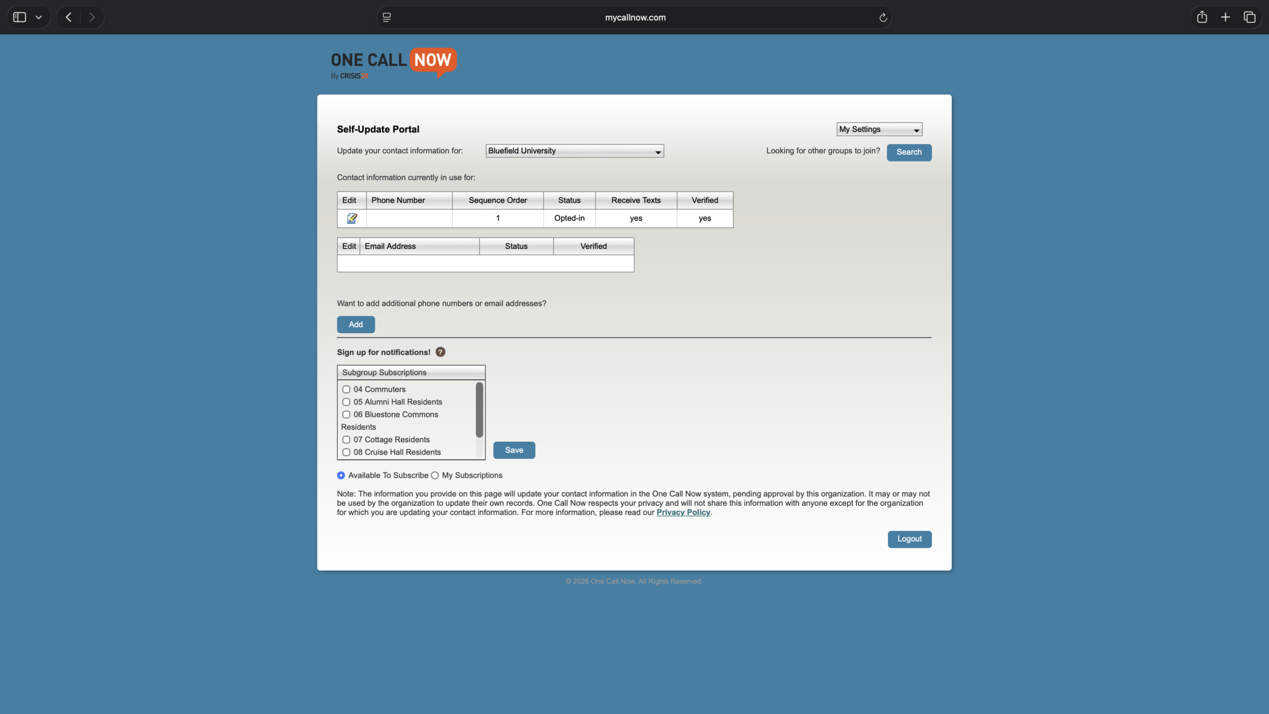 A screenshot of the Self-Update Portal by One Call Now.