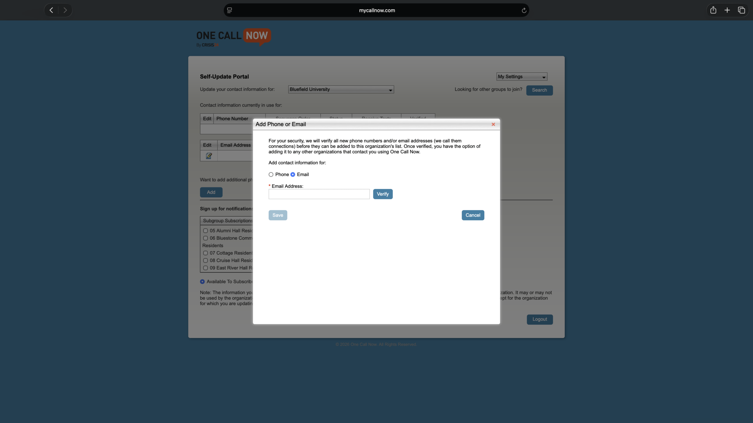 A screenshot of the One Call Now Self-Update Portal prompting the user to add an email address.