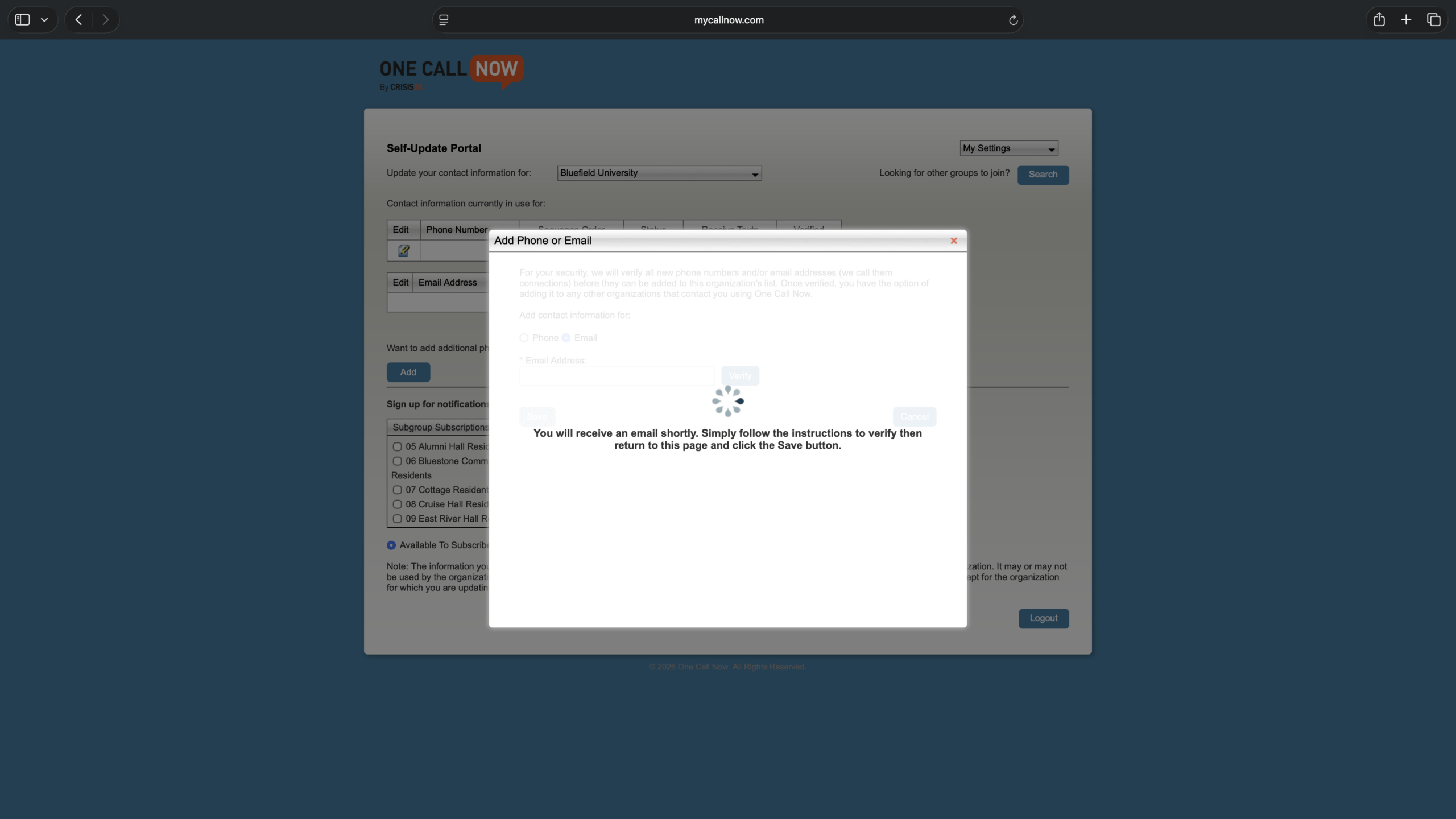 A screenshot of the One Call Now Self-Update Portal verifying an email address.