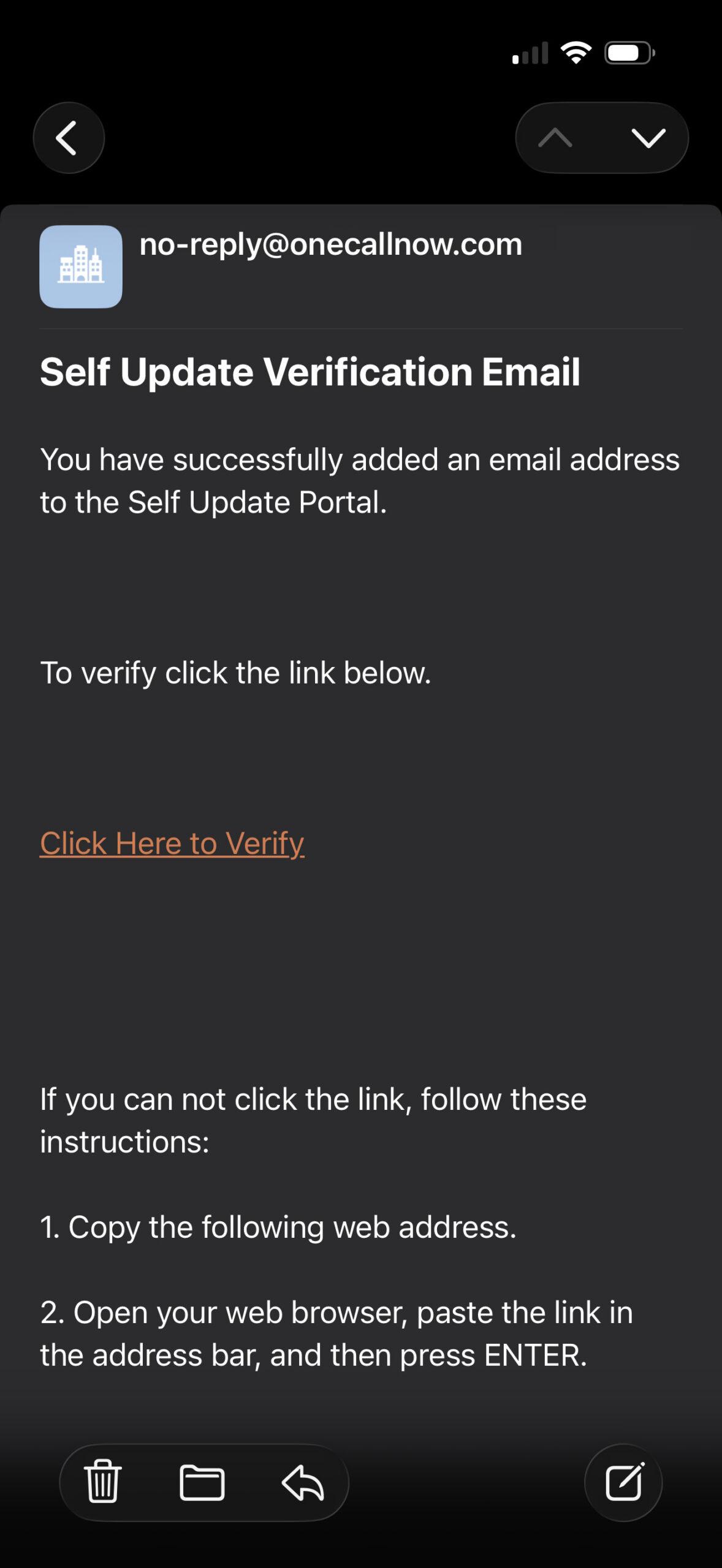A screenshot of an email with a verification link.
