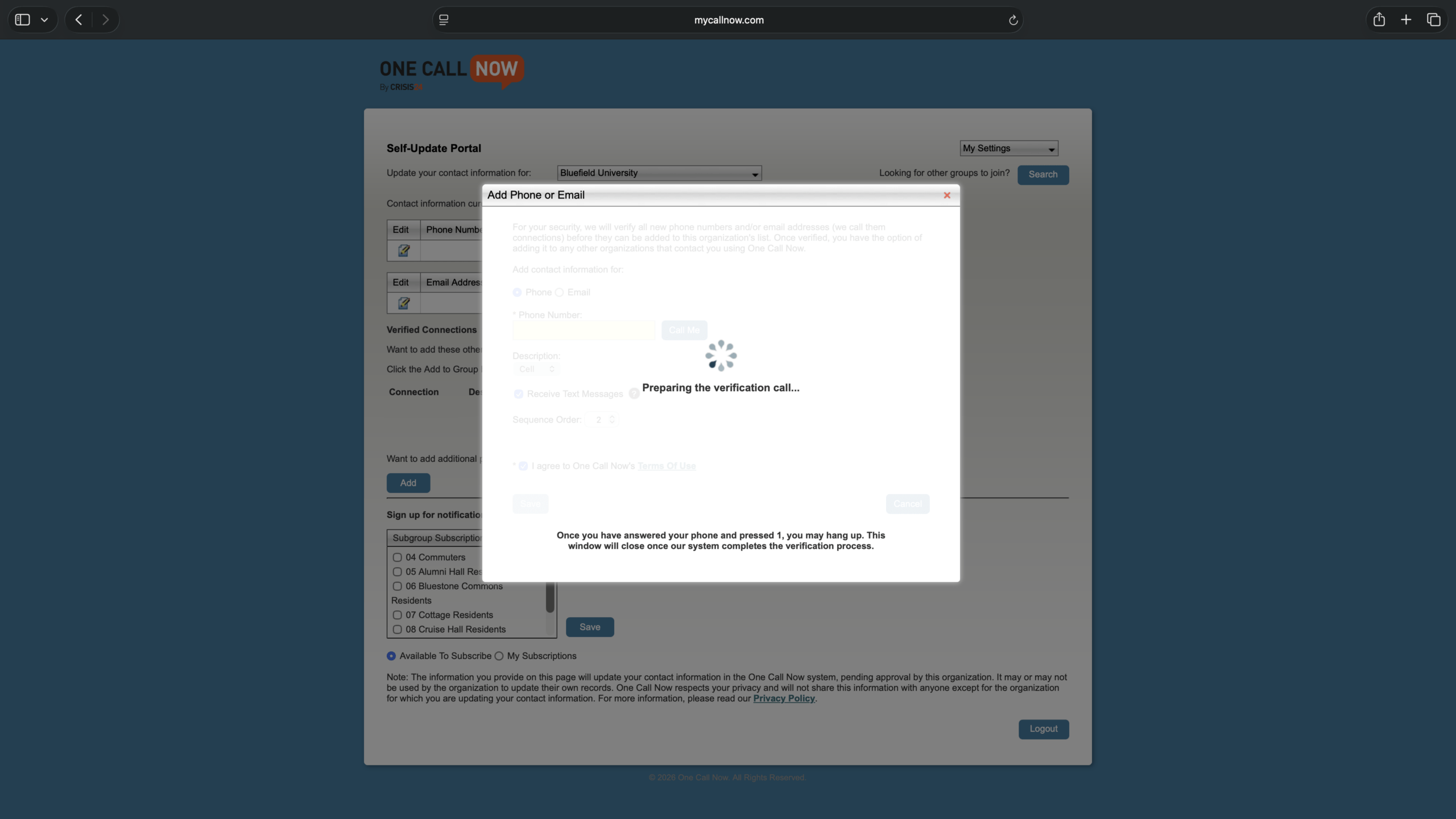 A screenshot of the One Call Now Self-Update Portal verifying a phone number.