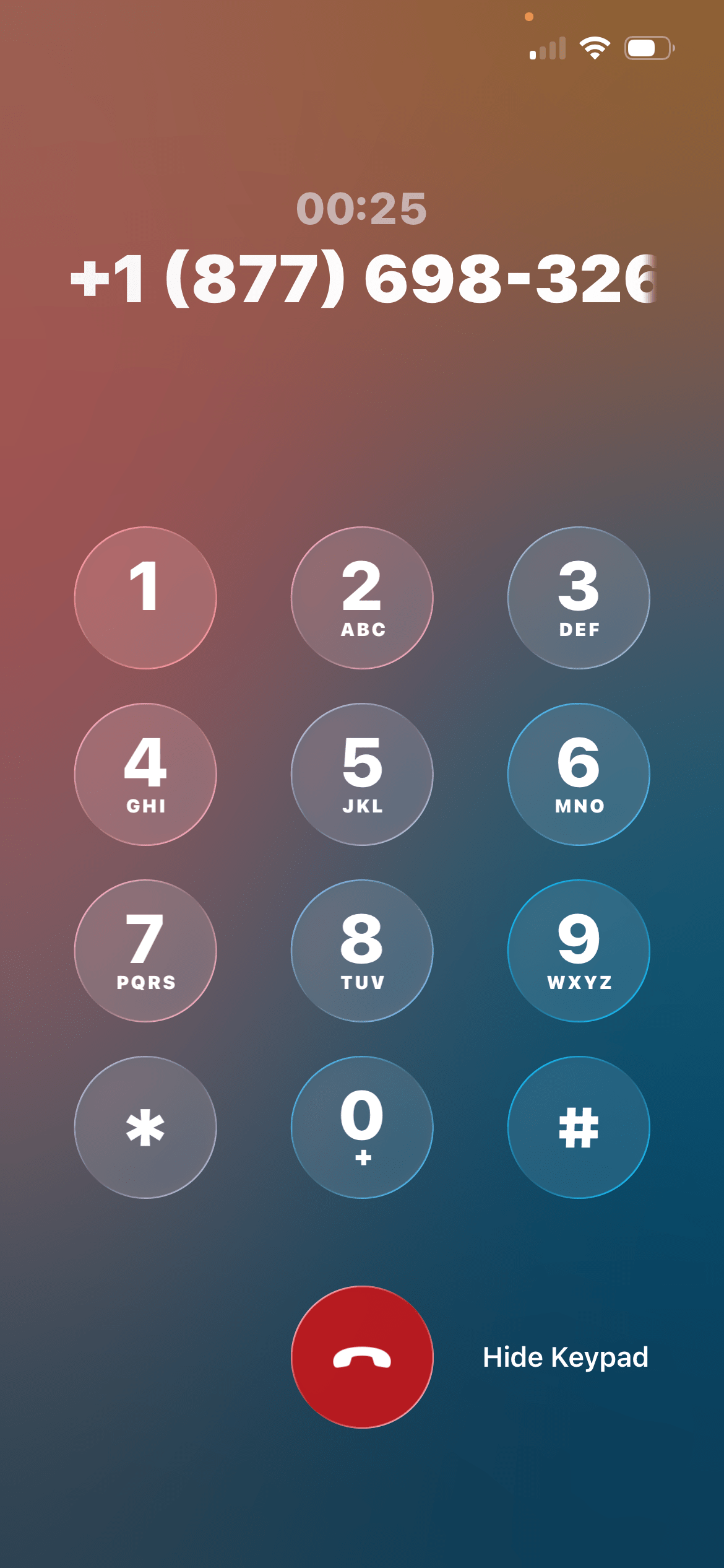 A screenshot of using the keypad during a call.