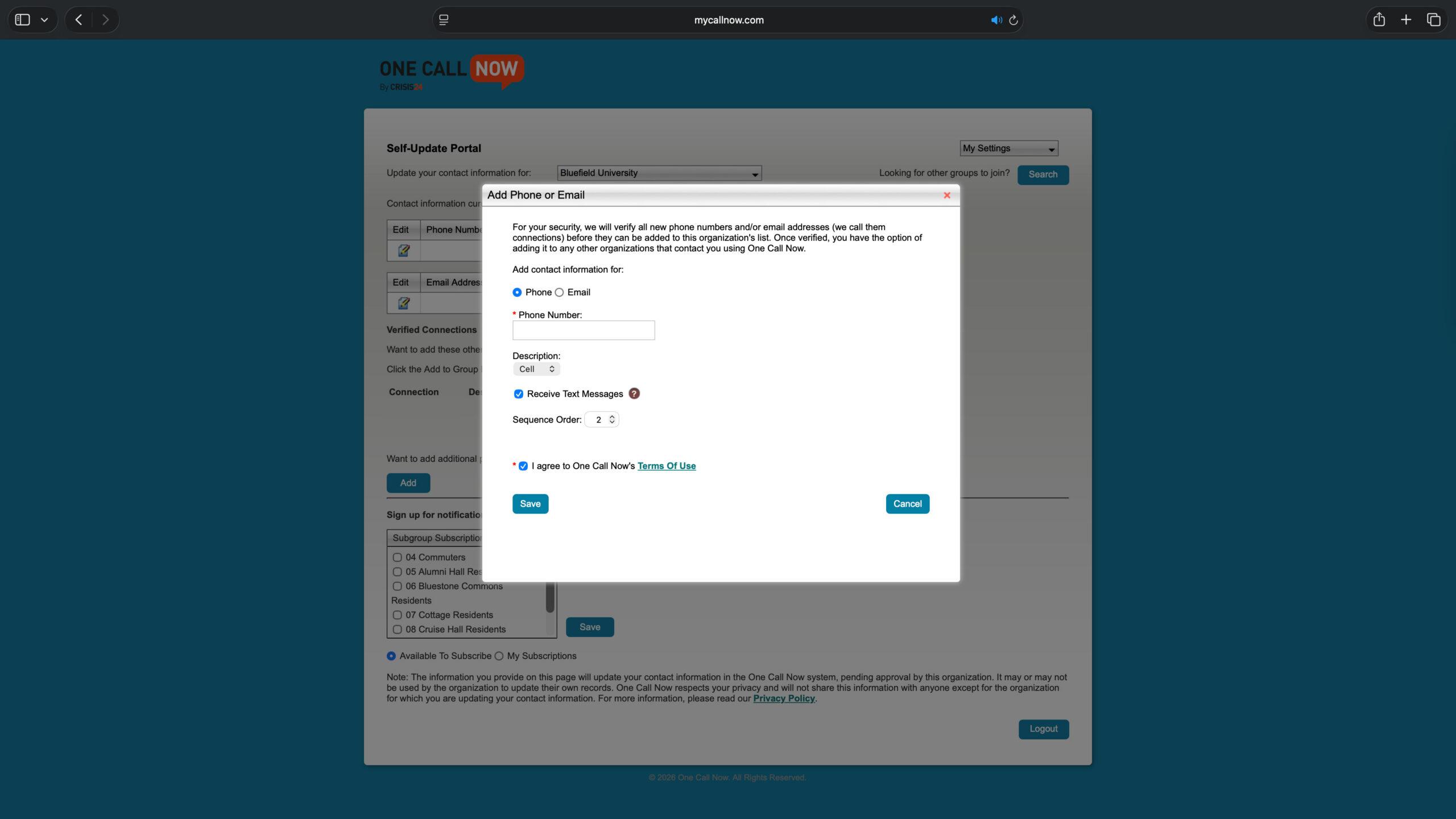 A screenshot of the One Call Now Self-Update Portal prompting the user to add a phone number.