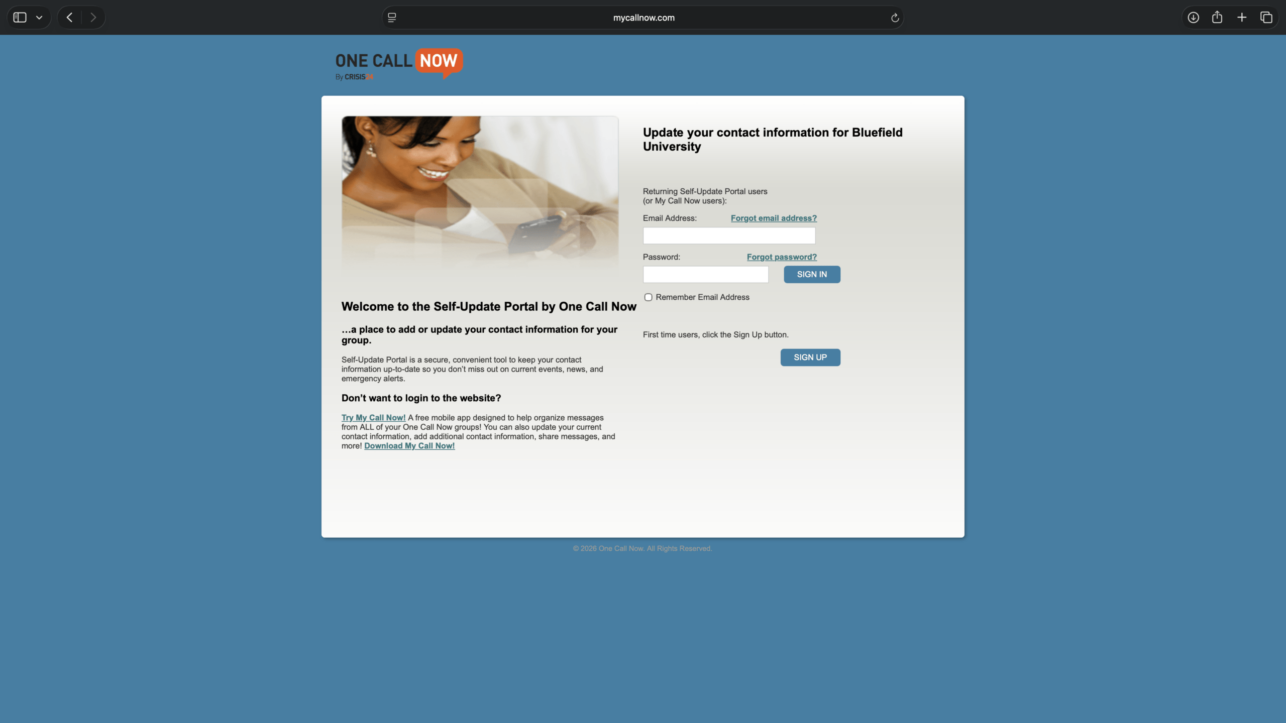A screenshot of the One Call Now Self-Update Portal sign in screen.