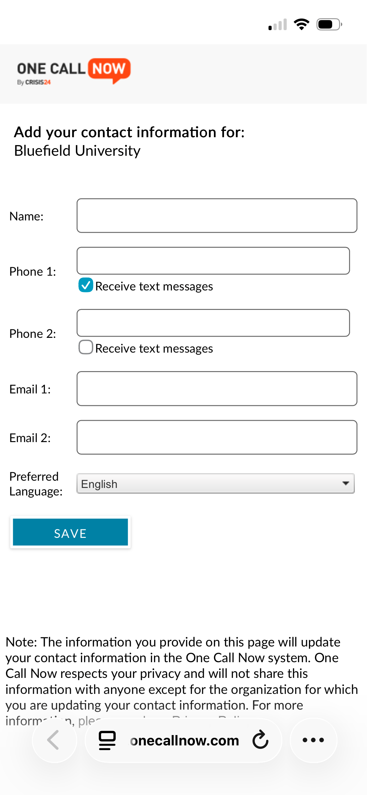 A screenshot of a contact information form in a web browser.