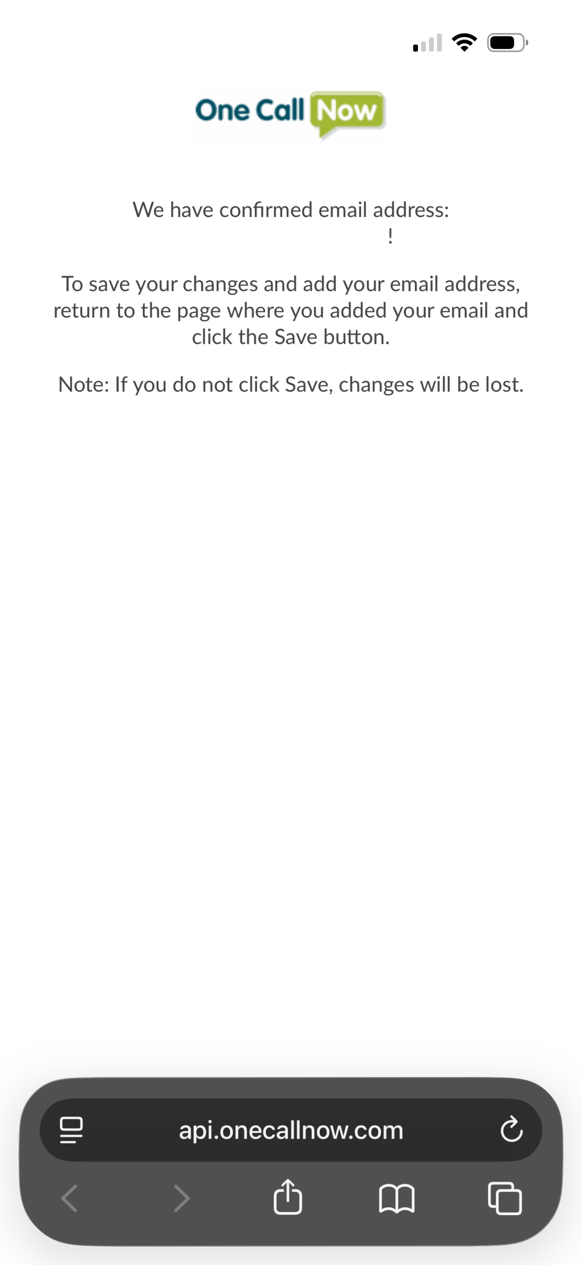A screenshot of an email verification confirmation in a web browser.
