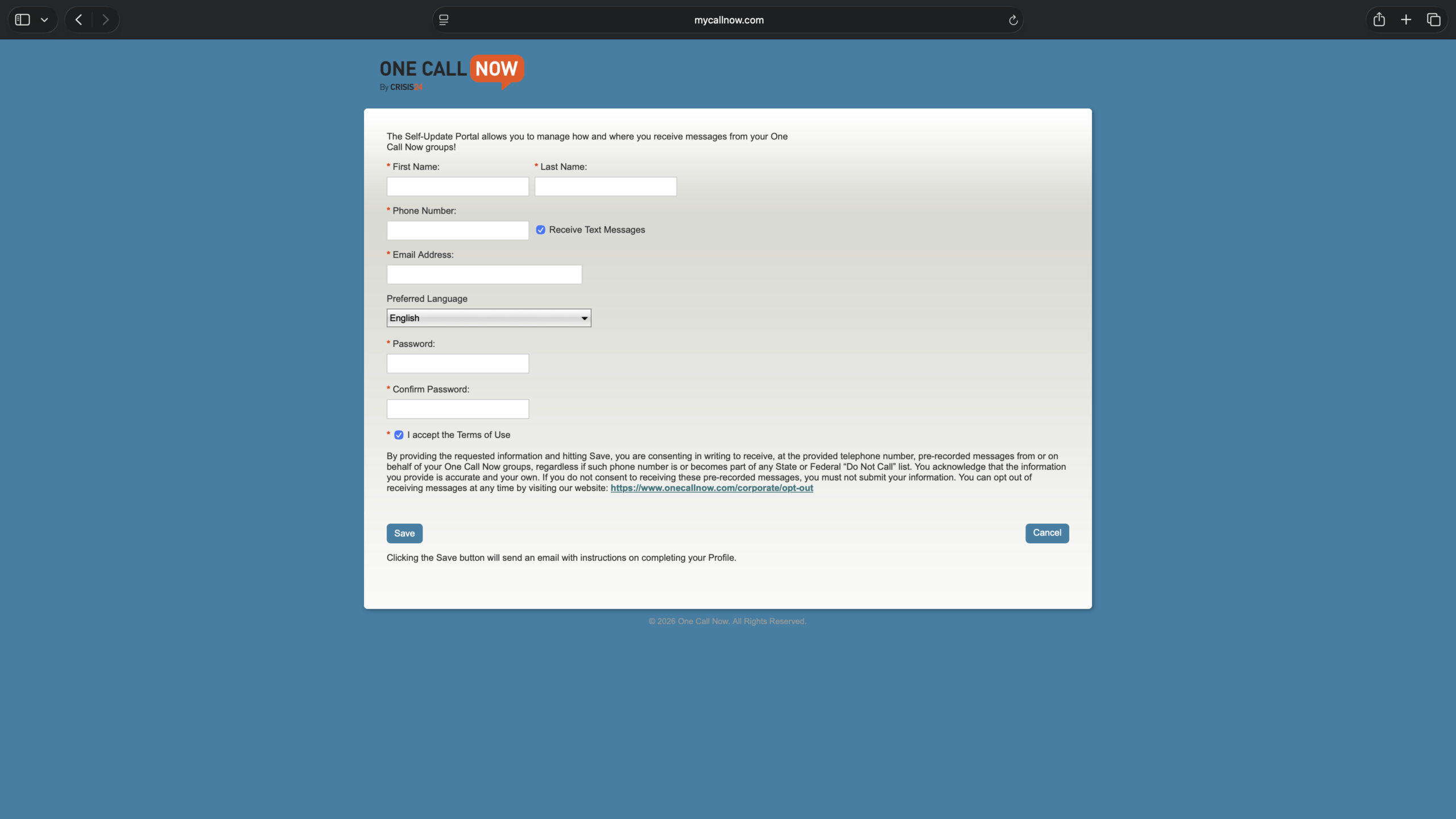 A screenshot of the One Call Now Self-Update Portal sign up form.