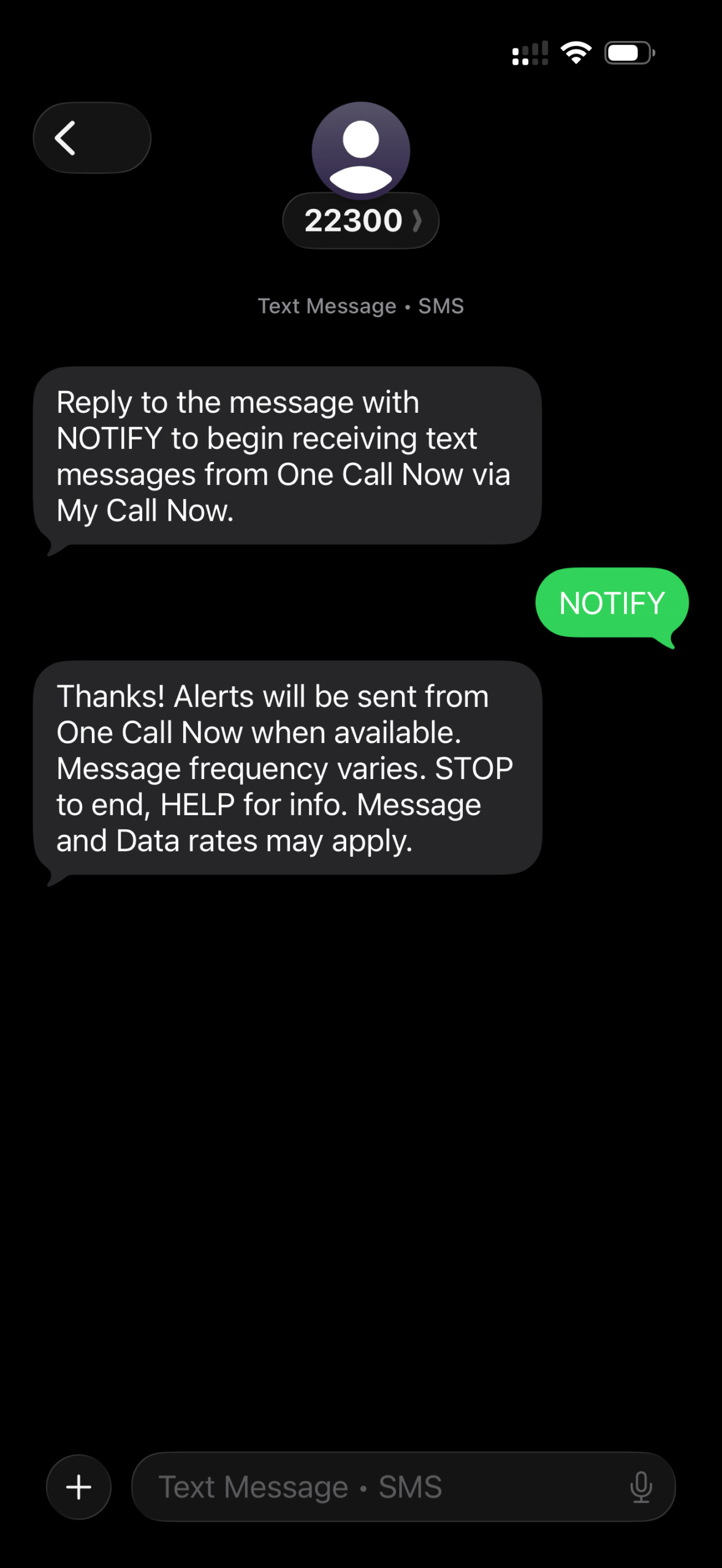 A screenshot of a SMS text chain.