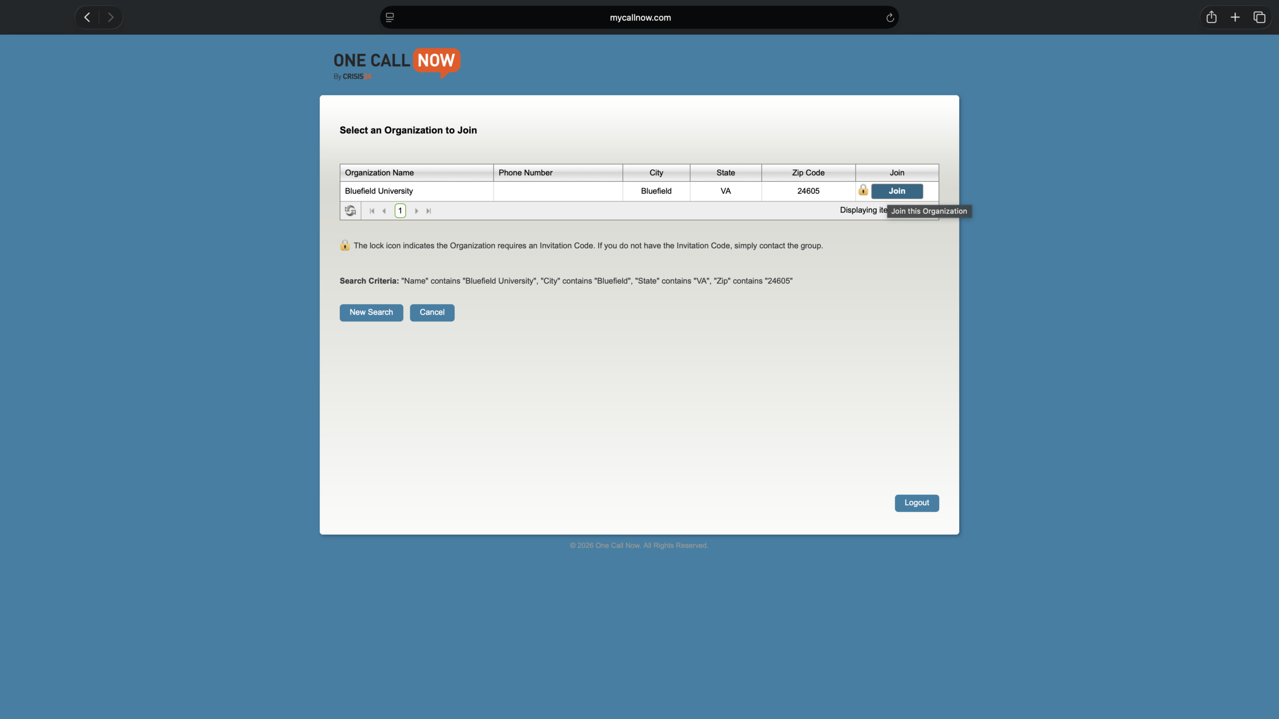 A screenshot of the One Call Now Self-Update Portal with the option to join the Bluefield University organization.
