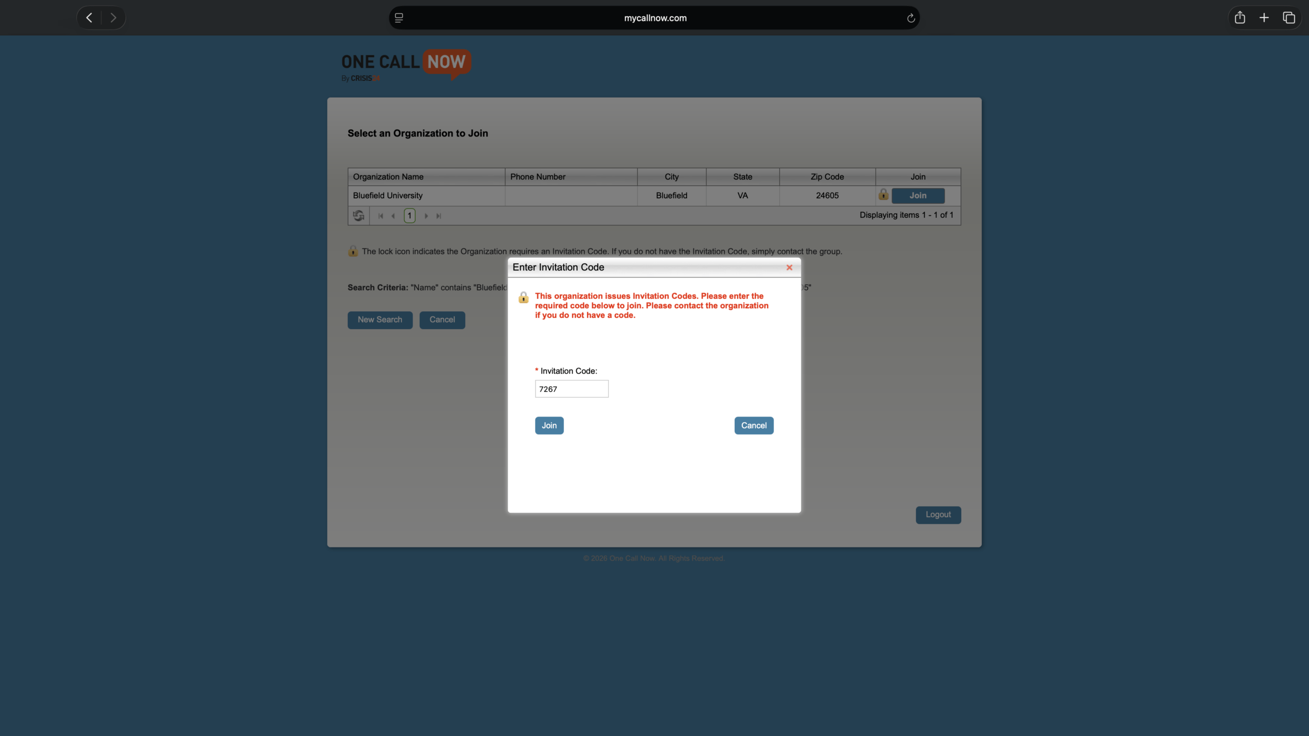 A screenshot of the One Call Now Self-Update Portal prompting the user for an invitation code.