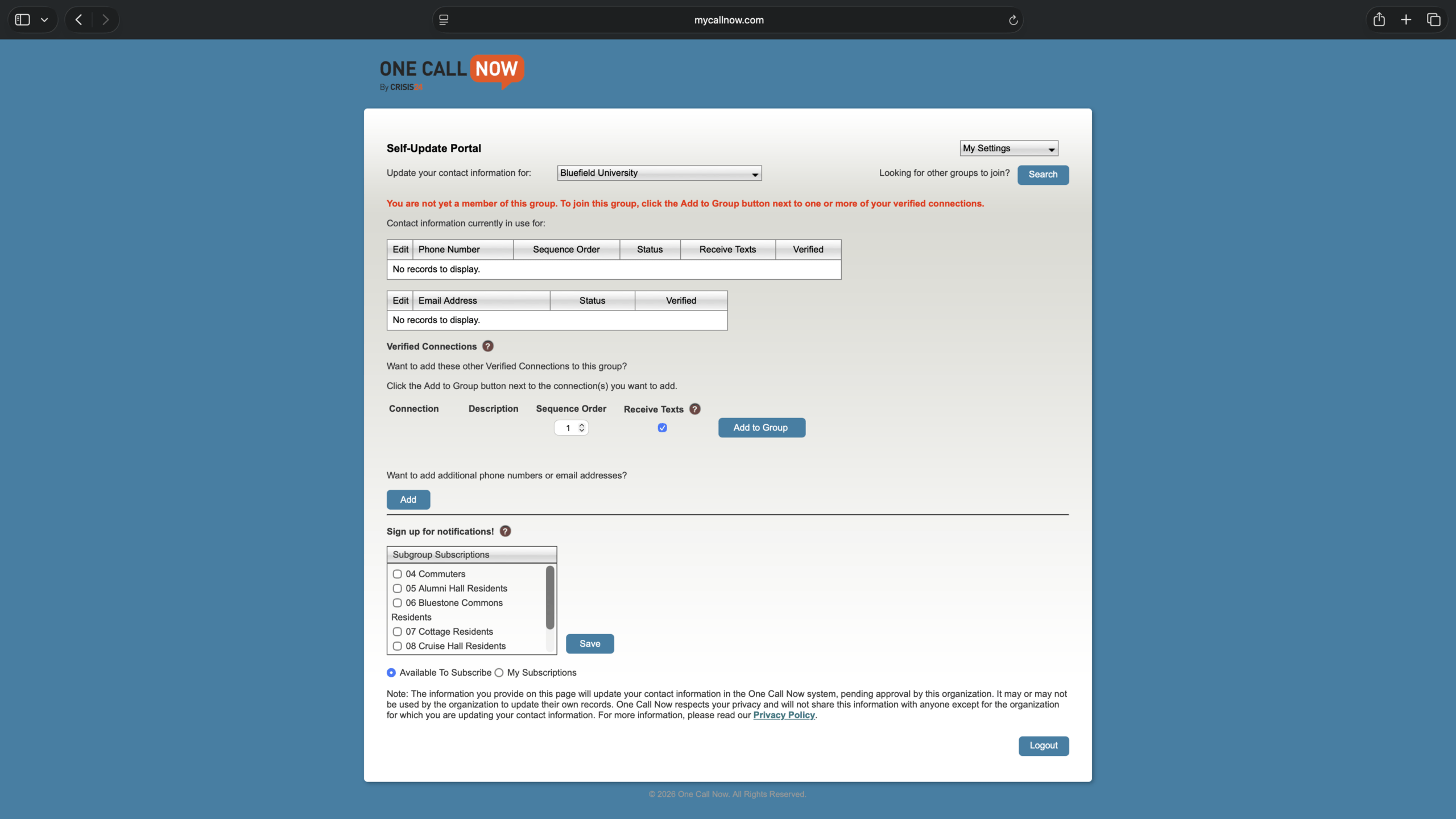 A screenshot of the Self-Update Portal by One Call Now.