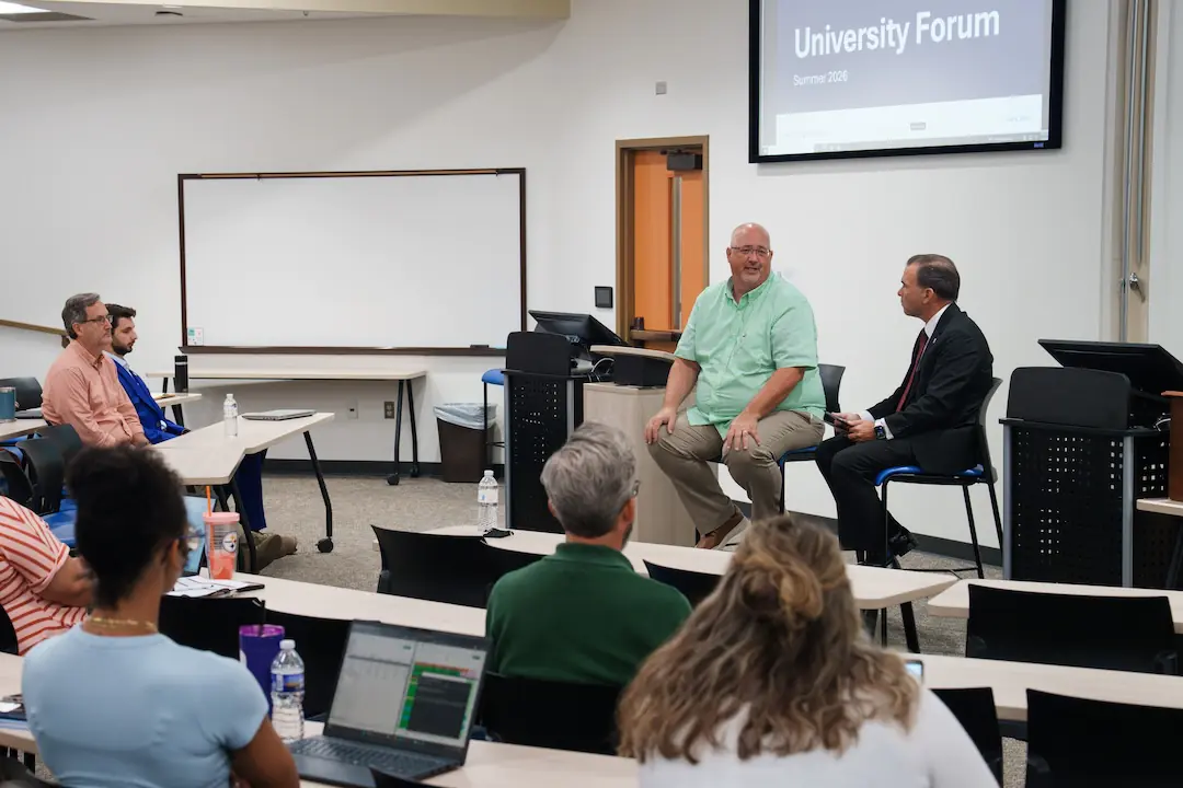Forum-July-2026 Dr. Craig and Dr. Peterson address faculty and staff.
