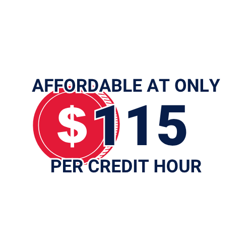 A graphic featuring a coin and the text "Affordable at only $115 per credit hour".