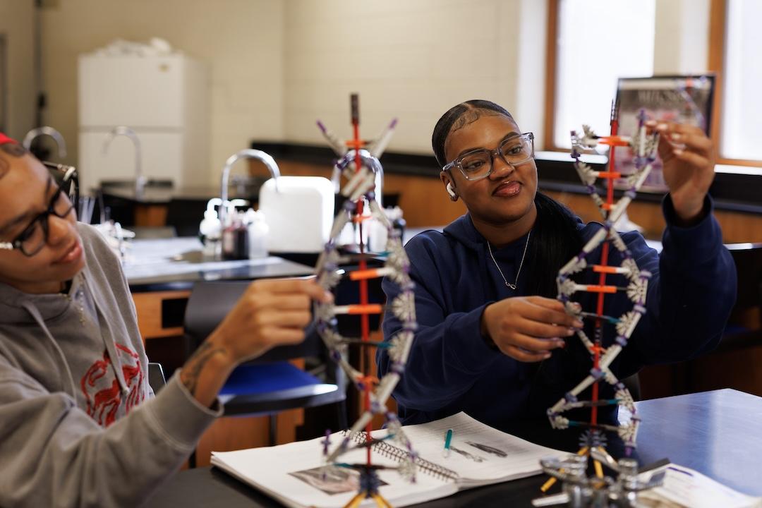 Biology-Students Two female students interact with double helix models.