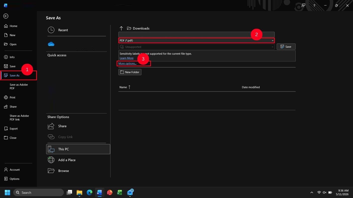 A screenshot of the Save As menu in Microsoft Word on Windows with labels for steps 1-3.