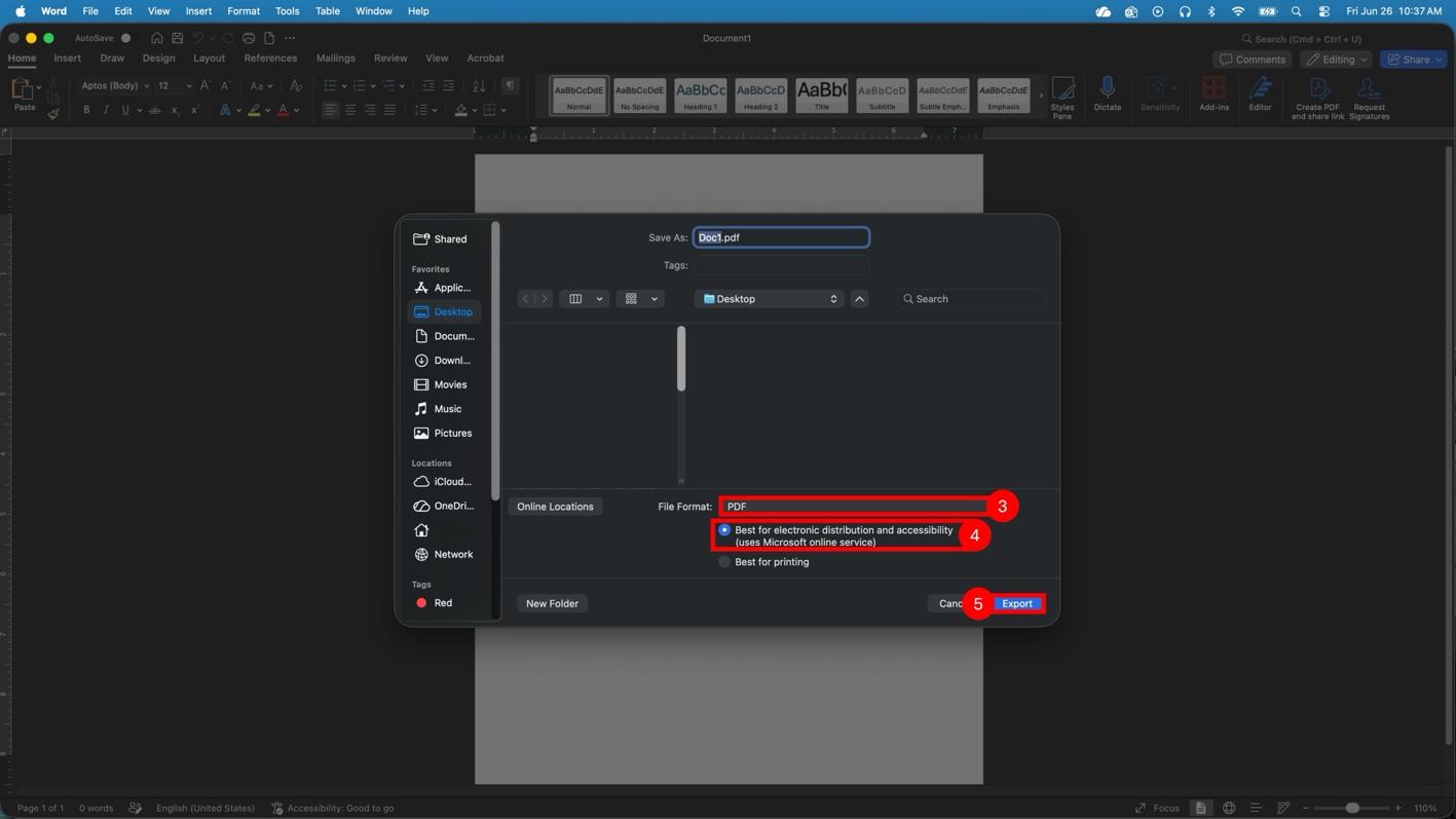  A screenshot of the Save As menu in Microsoft Word on macOS with labels for steps 3-5.
