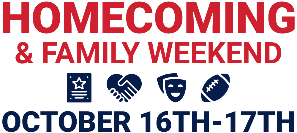 26-10-16_17 Homecoming A graphic featuring a(n) award plaque, handshake, theatre masks, and football and the text "Homecoming & Family Weekend October 16th-17th."