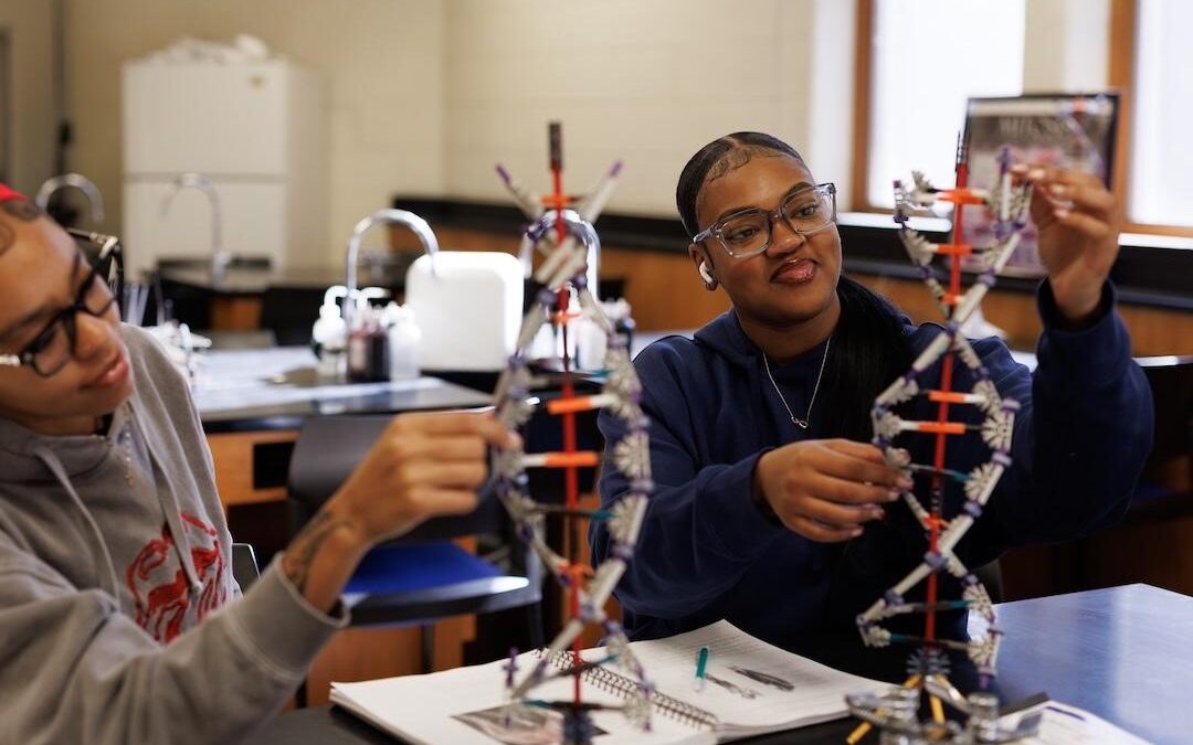 Two female students interact with double helix models.