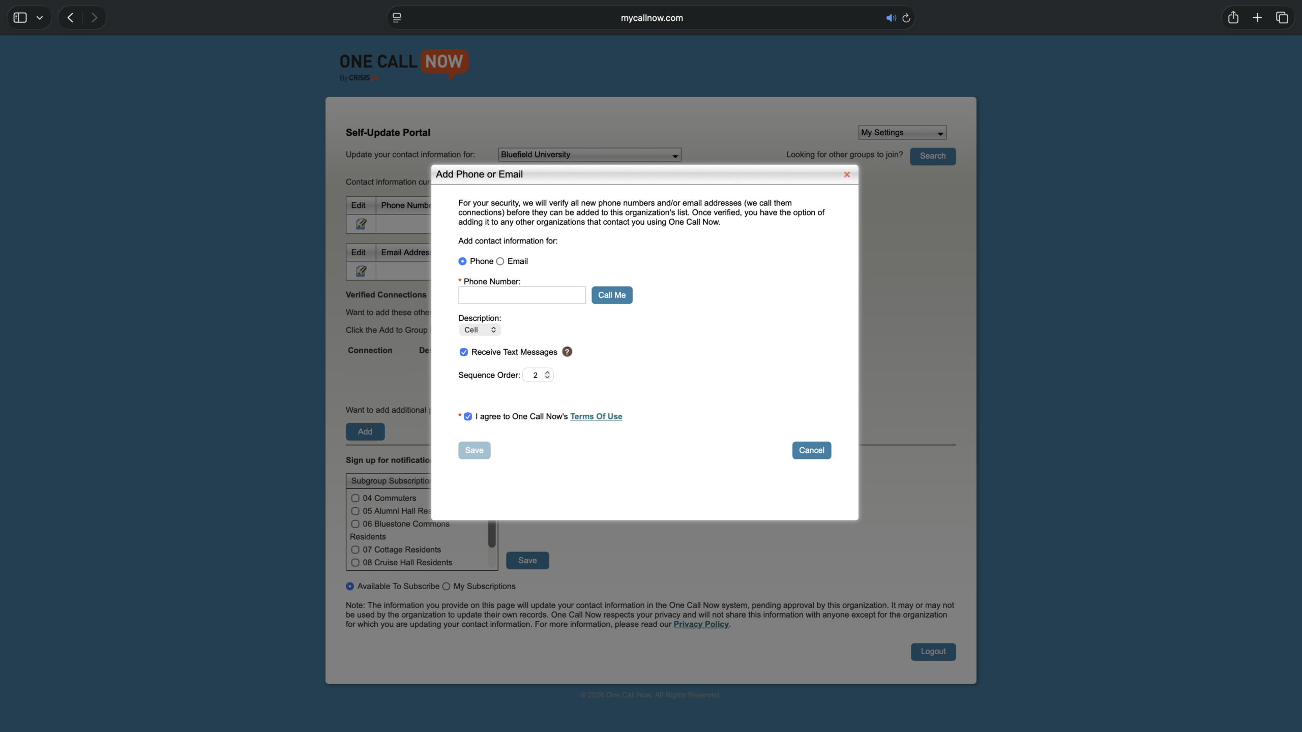 A screenshot of the One Call Now Self-Update Portal prompting the user to add a phone number.