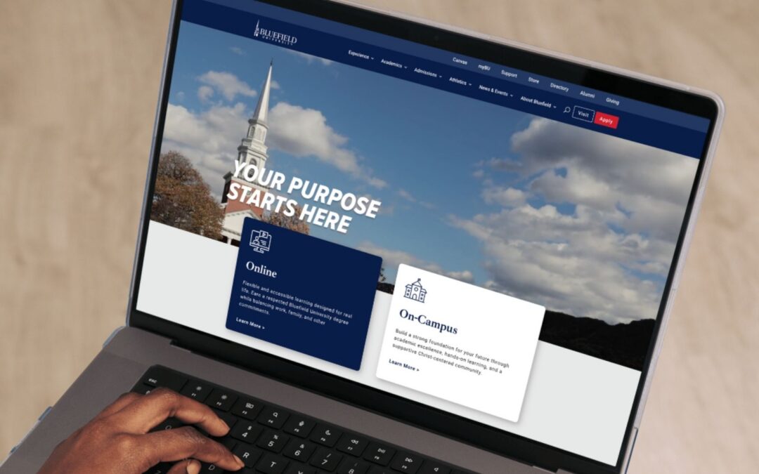 A picture of a laptop with the Bluefield University website on its screen.