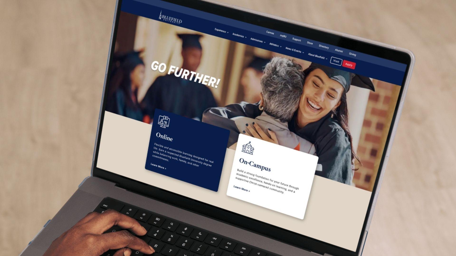 A picture of a laptop with the Bluefield University website on its screen.