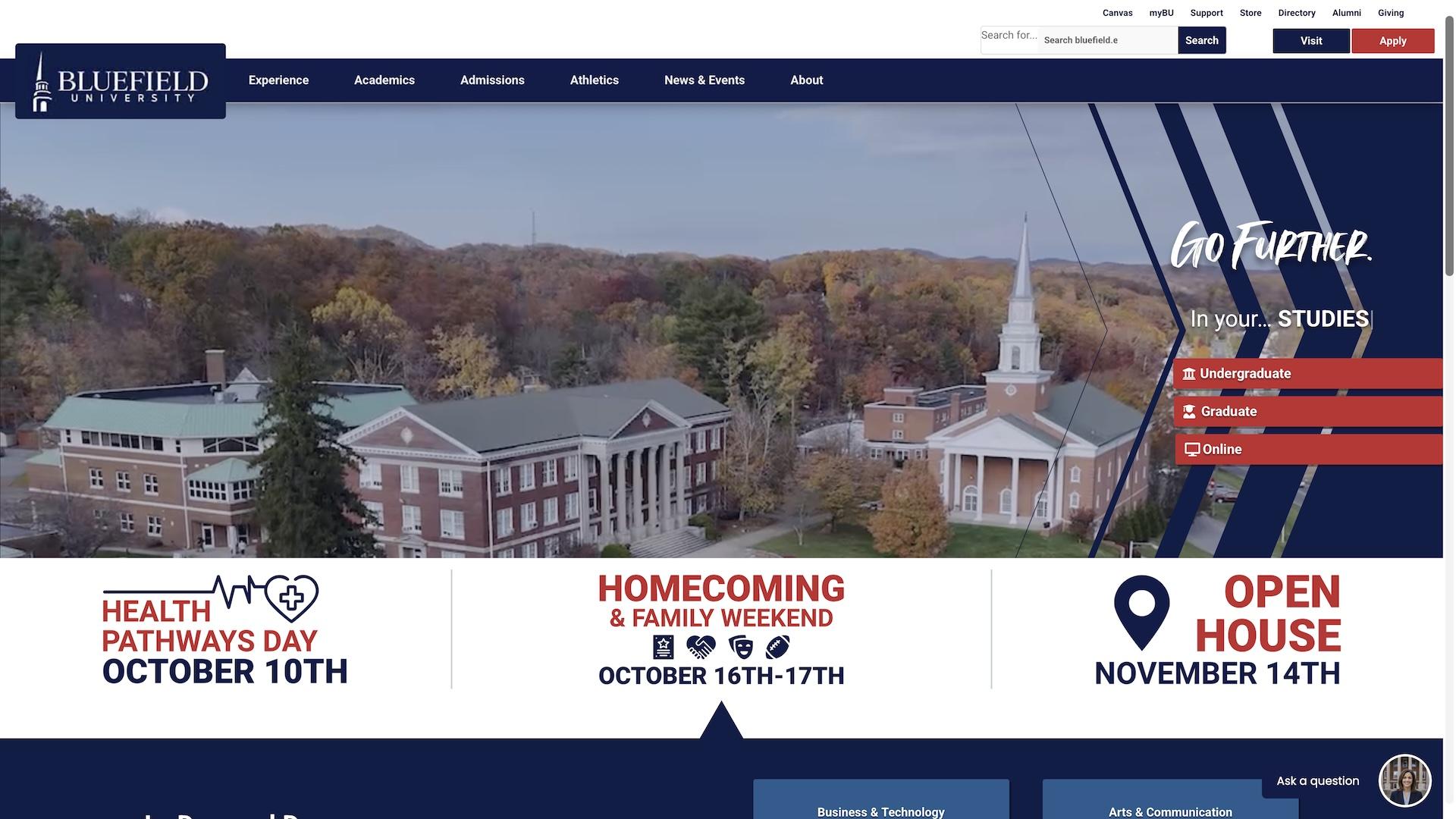 A screenshot of the Bluefield University website.