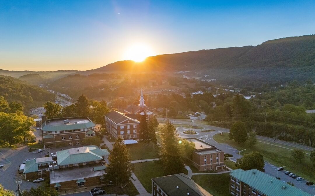 An aerial view of campus at sunrise.
