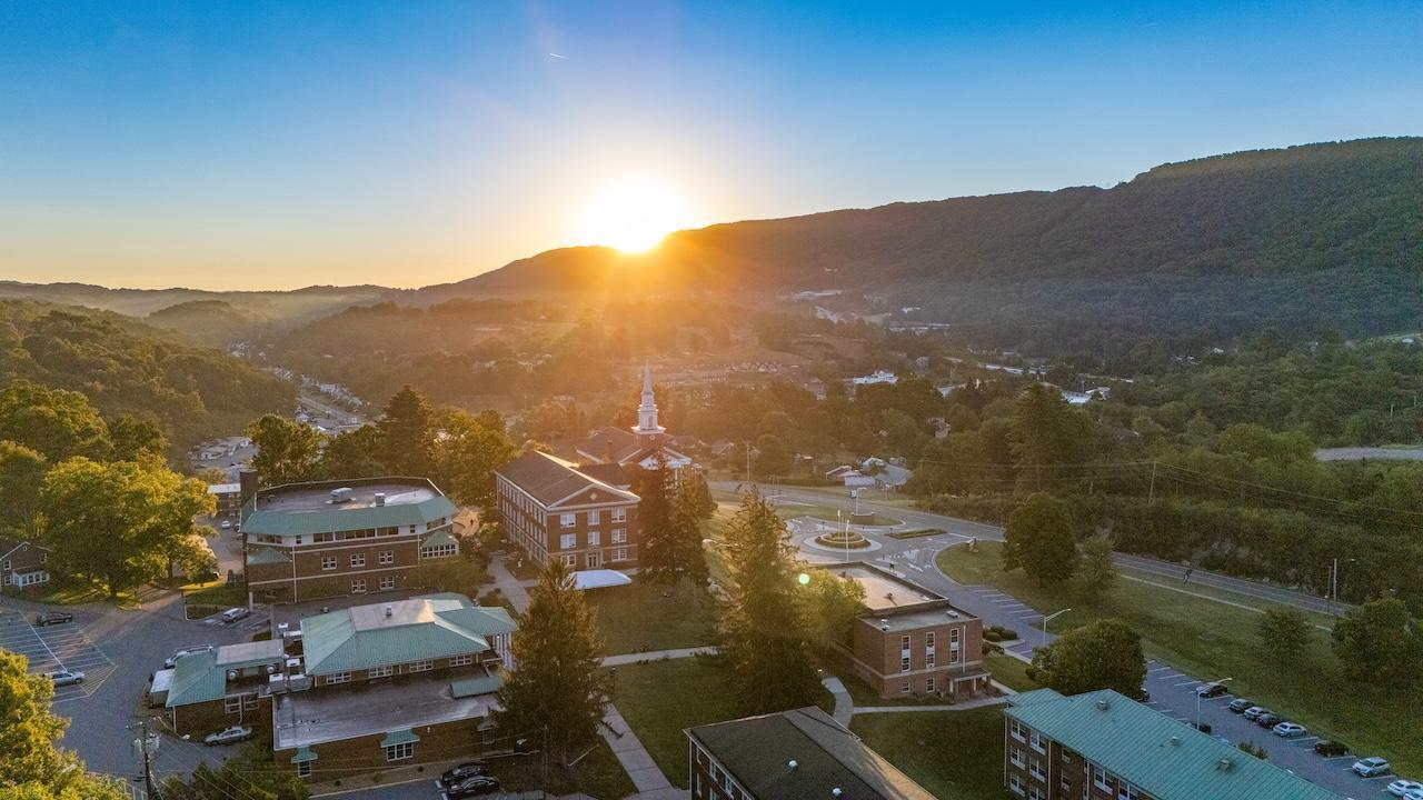 default An aerial view of campus at sunrise.