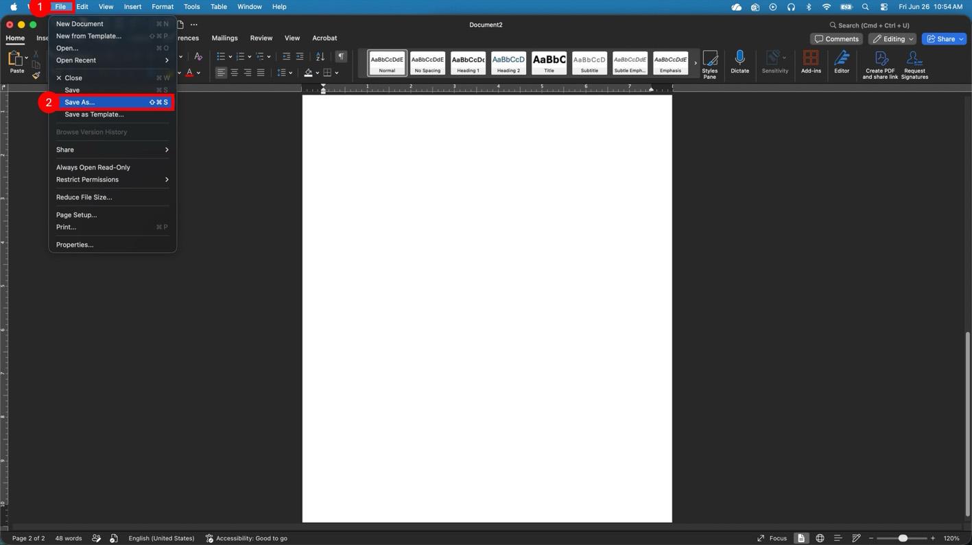 A screenshot of Microsoft Word on macOS with labels for steps 1-2.